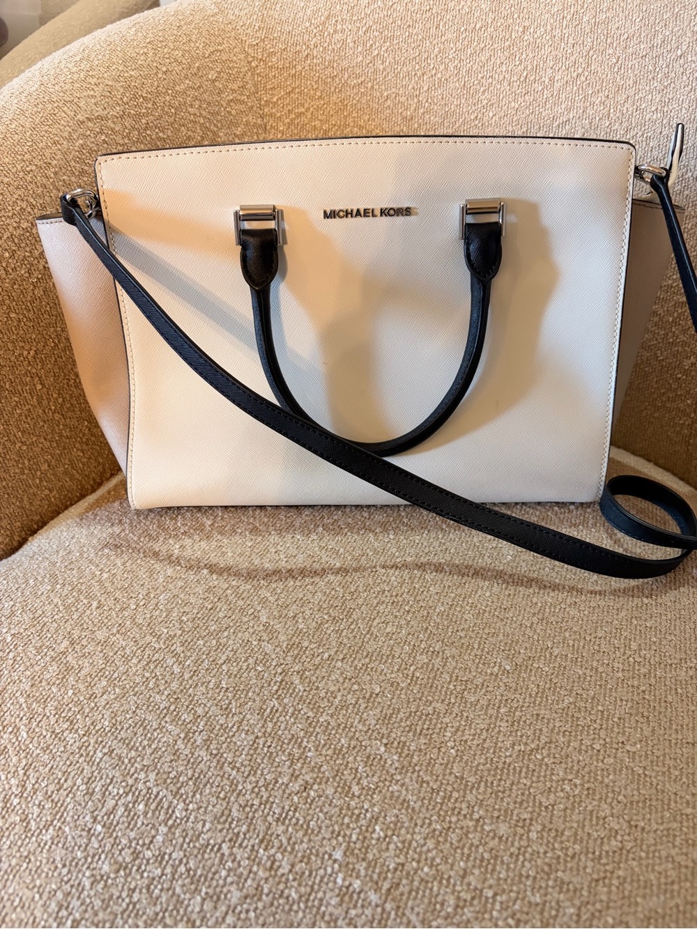 Michael Kors Cream and Black Saffiano Satchel with Crossbody Strap